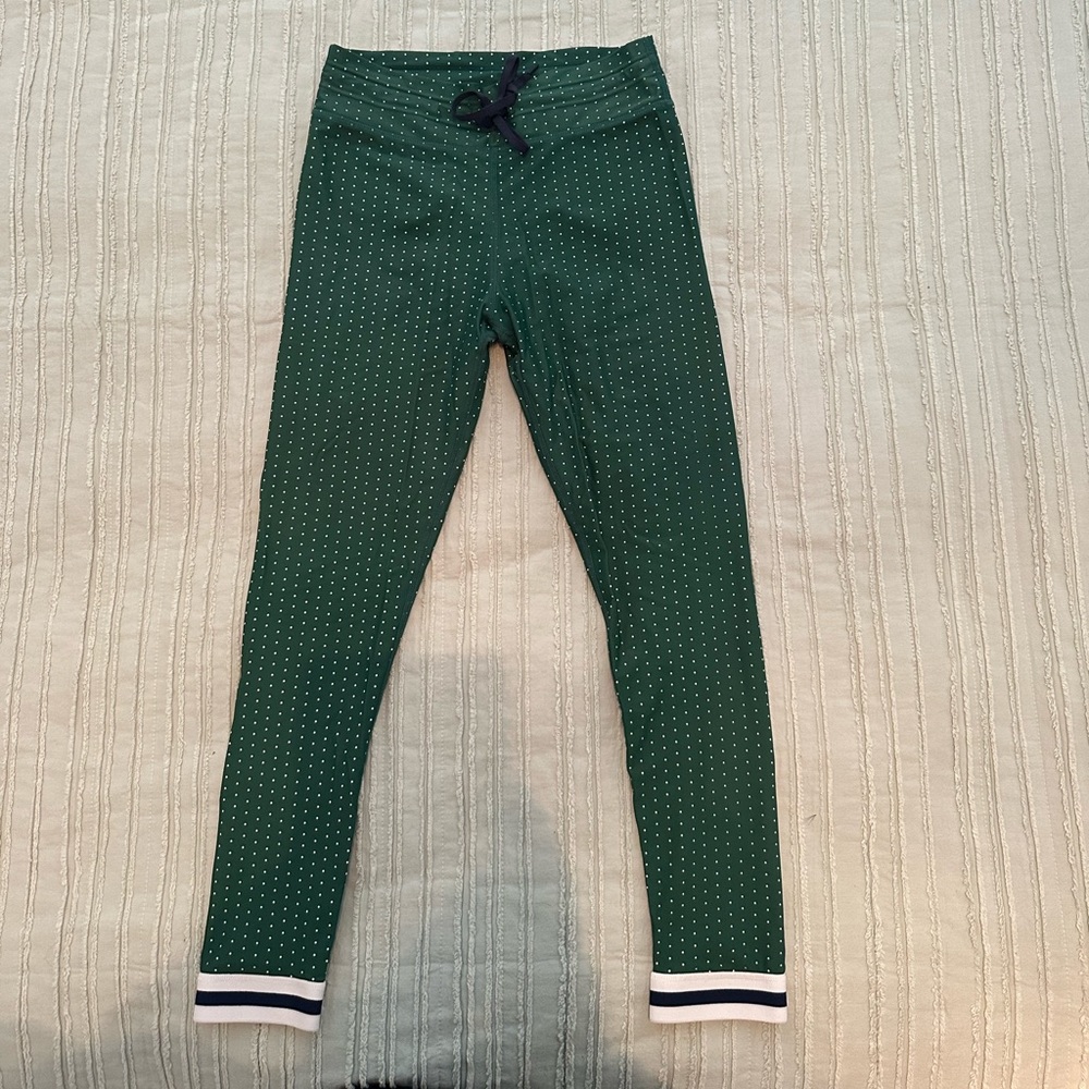 Upside leggings.. green with white polka dots. Blow and white ankle stripe.